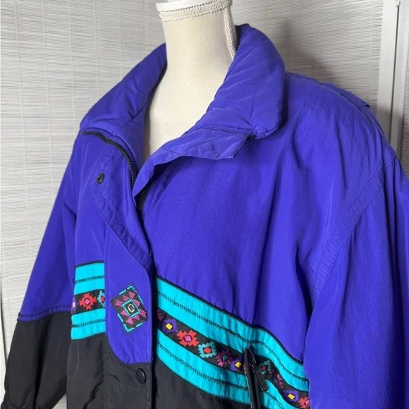 Tyrolia Skiwear Vintage Purple Black Aztec Ski Jacket Nylon Winter Coat Size 10 - Picture 2 of 11